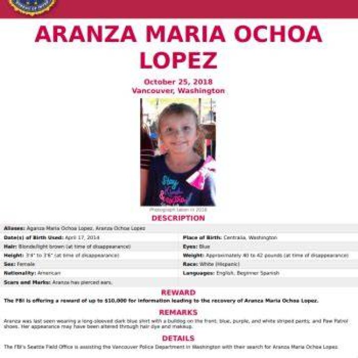 4-year-old Aranza Maria Ochoa Lopez from Washington has been found on 2023 after four year of missing.