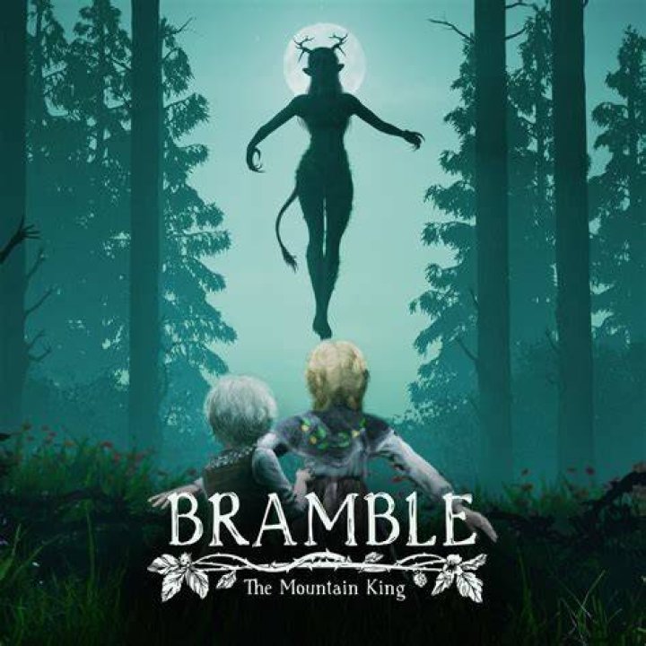 Bramble and the Mountain King Olle walking by flowers in front of a strange yellow-eyed creature.