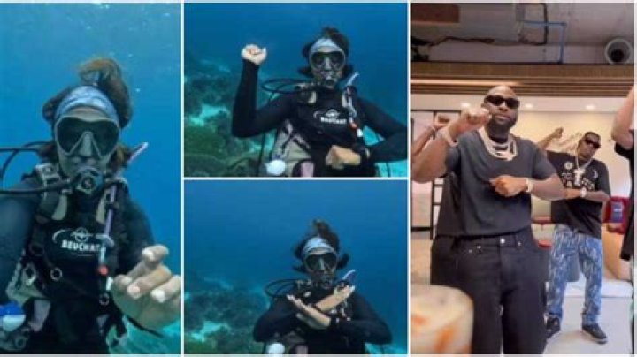 Oyinbo lady does Davido's Unavailable dance inside ocean.