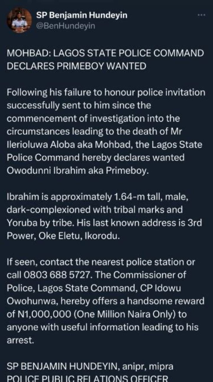 Police, Lagos state, Mohbad Police, Lagos state, Mohbad