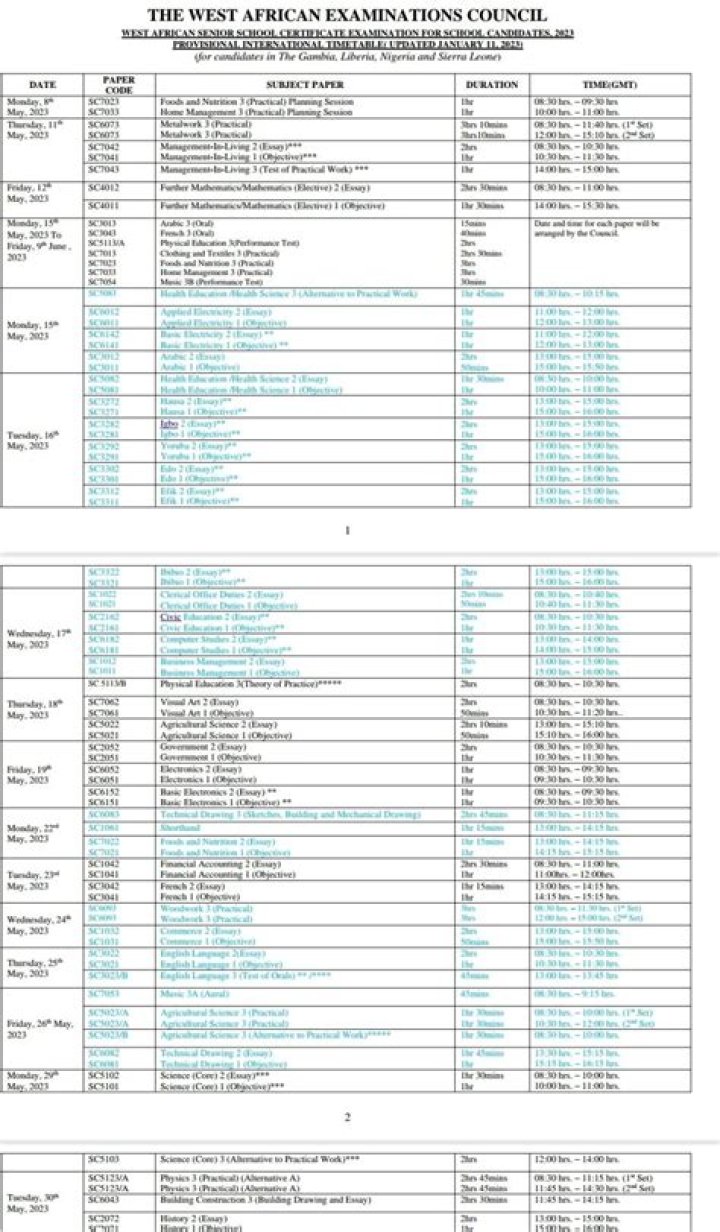WAEC timetable WAEC timetable